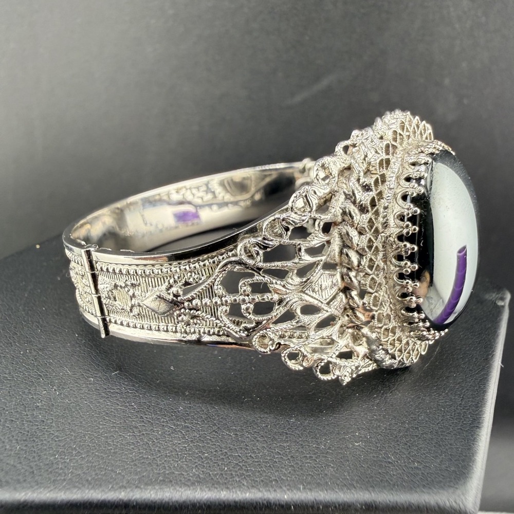 Vintage Whiting & Davis Bangle Bracelet Hematite Silver Tone 6.5 - Picture 10 of 11